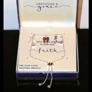 New $50 Gratitude & Grace Faith Fine Silver Plated Bolo Charm Bracelet, Crystals